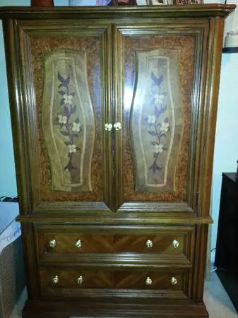 All Wood Inlaid Armoire with 4 drawer and shelves