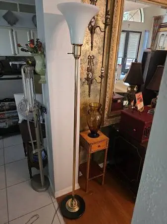 Vintage milk glass, brass and marble base floor lamp