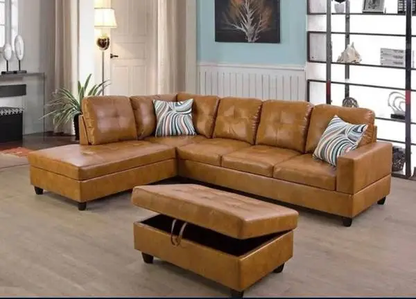Carmel leather sectional couch and storage ottoman