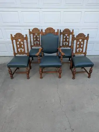 Vintage Carved Wood Dining Chair Set. Leather seat