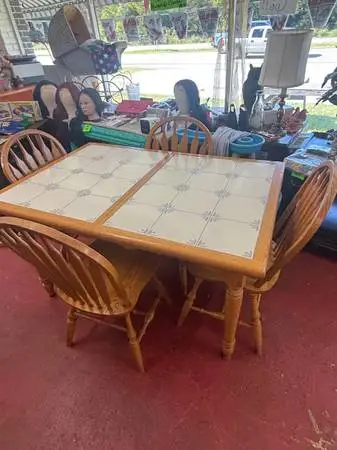 Vintage Oak & Tile Top Dining Table Set w/ 4 Arrowback Chairs