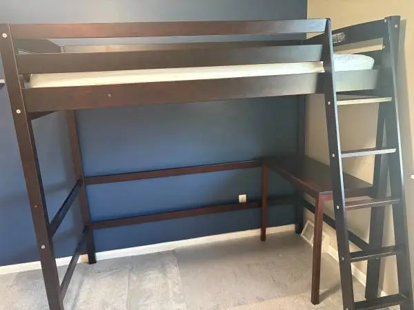 Solid wood twin loft bed with underbed desk and mattress