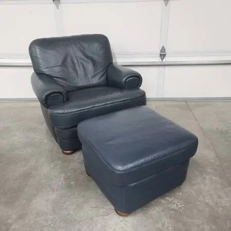 Gorgeous Leather Navy Blue Chair And Ottoman
