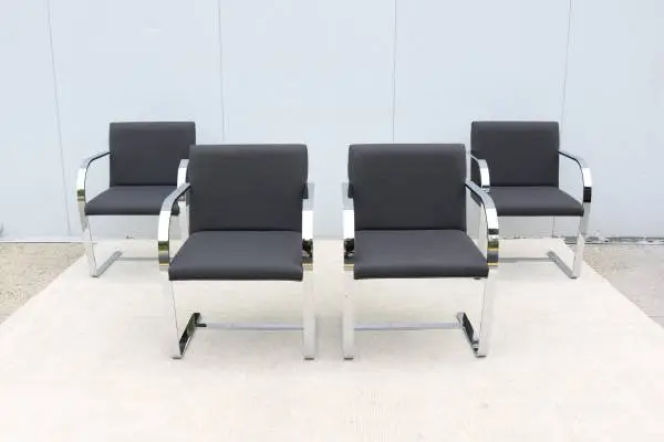 Mies van der Rohe Brno Flat Bar Chairs in Gray Wool by Gordon Set of 4