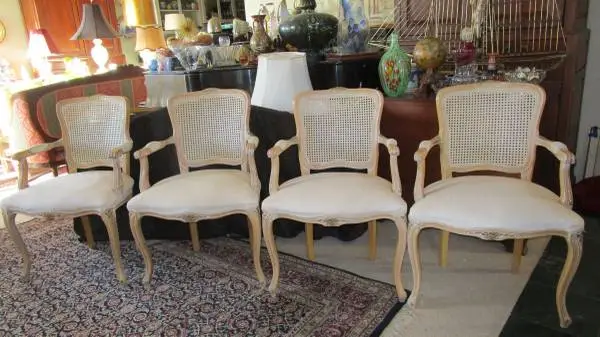 Set of 4 French Style Carved Wooden Upholstered Armchairs