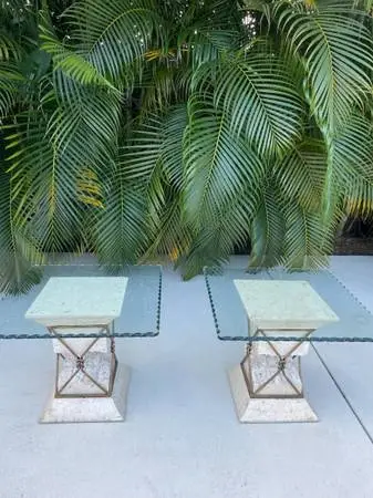 Travertine Stone Wrought Iron Glass Top Side Tables