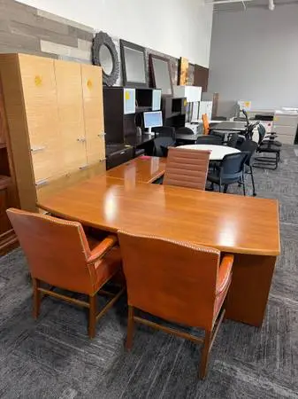 CHERRY BOW FRONT L-SHAPE DESKS, TWO PEDESTAL