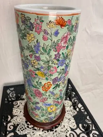 Vintage Porcelain Hand Painted Vase w/ Stand Vibrant w/ Color