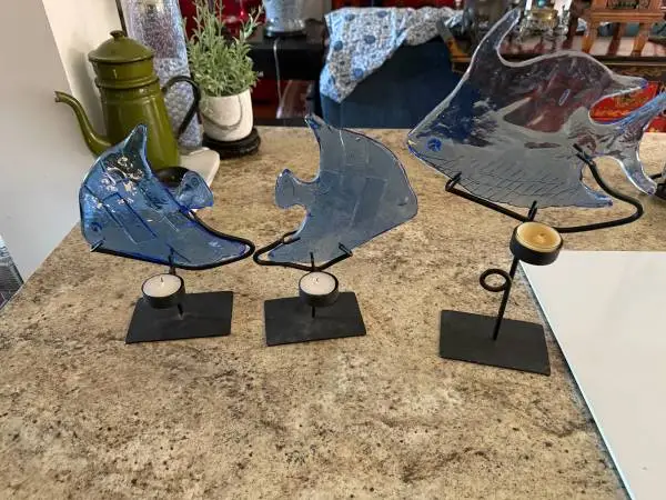 Beautiful Set of 3 Blue Glass Fish on Metal Stands Beautiful set of three decor