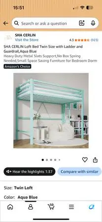 Aqua Blue Twin Loft Bed