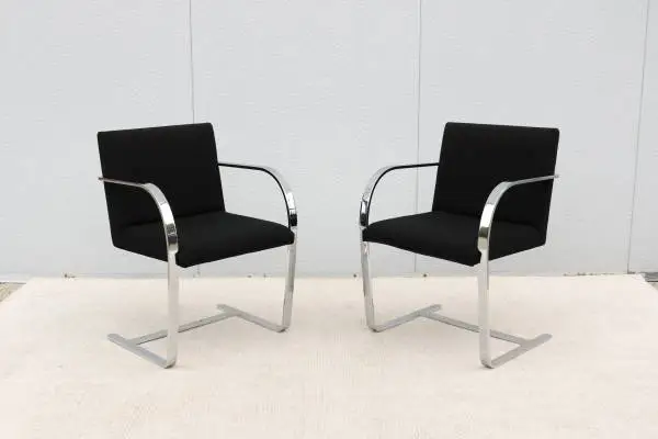 Mies van der Rohe Brno Flat Bar Chairs in Black Fabric by Gordon, Pair