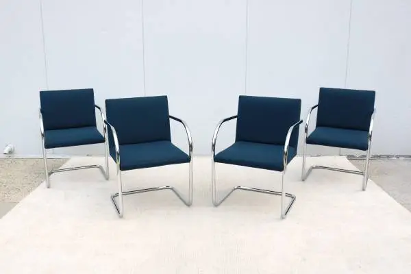 Mies van der Rohe Brno Tubular Chairs Blue Fabric by Gordon, Set of 4