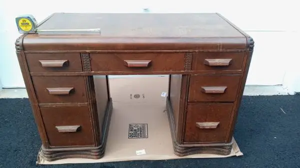Desk, bureau, corner bookcase, queen bed, chairs, mirrors, table