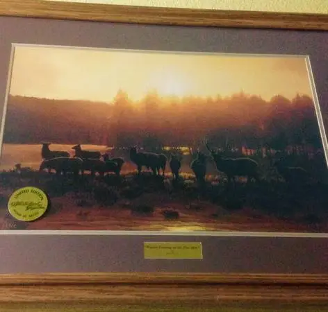 Elk harem at lake sunset. Signed by Reed Christie. Great deal!