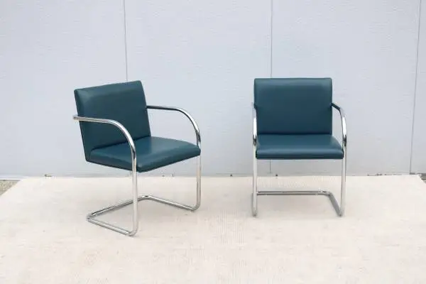 Mies van der Rohe Brno Tubular Chairs in Blue Leather by Gordon a Pair