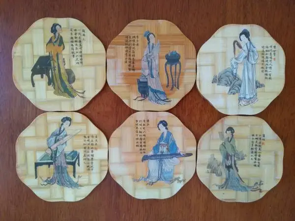 New Set of 7 PCS Handcrafted Handpainted Natural Bamboo Coaster