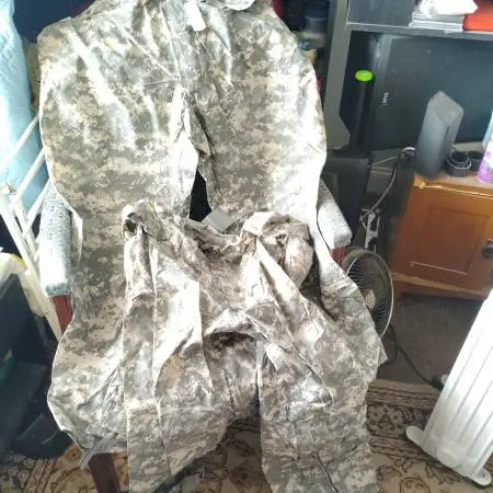 Military camo digital print XL waterproof pants, $25 for both