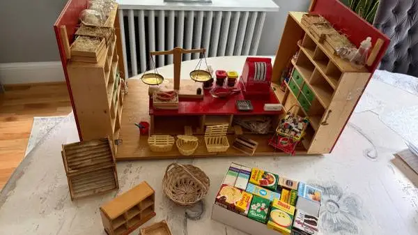 Vintage European Wooden Childrens Play Kitchen / Cabinet