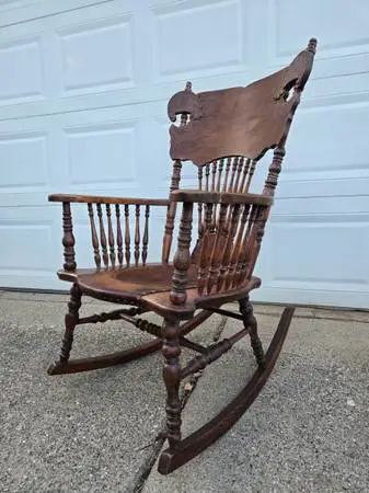 Antique Victorian Oak Pressback and Spindle Rocking Chair
