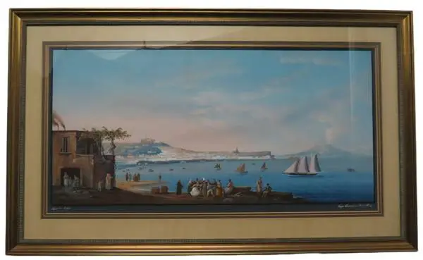 19th C Gouache Painting Napoli da Posillipo by Gaetano Defino