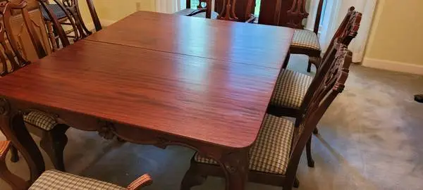 French Provincial Mahogany Table and chairs marked down.