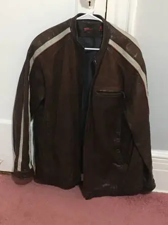 Perry Ellis mens large brown leather race jacket