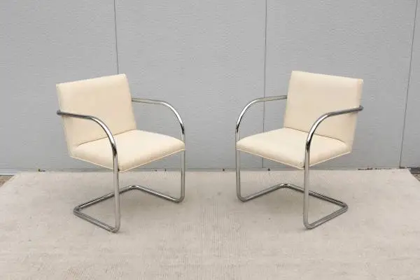 Mies van der Rohe Brno Tubular Chairs in Cream Fabric by Gordon a Pair