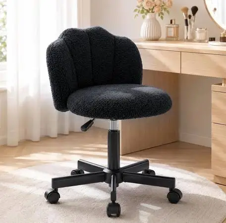 Morkprism Small Petal Vanity Chair,Tall Armless Office Desk Chair,Black Teddy Fa