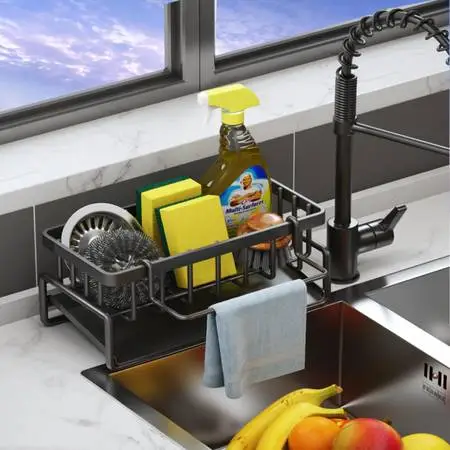 VILCEN Kitchen Sink Caddy, Sponge Organizer for Kitchen Sink, Black