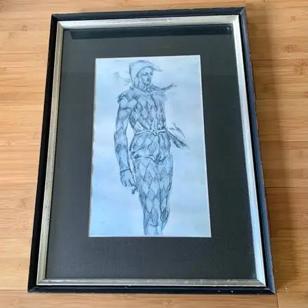 Vintage Mid Century ART Framed JESTER print 18x24
