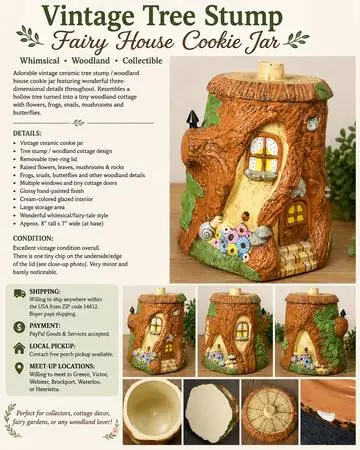 🌳 Vintage Ceramic Tree Stump Fairy House Cookie Jar –Woodland Cottage