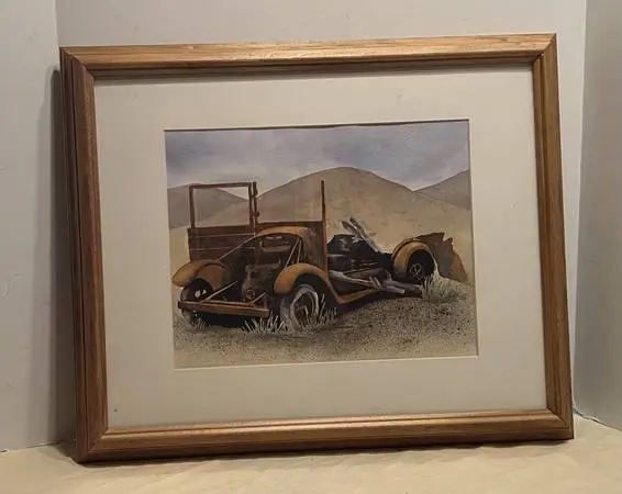 Vintage Original Watercolor Painting Old Rusty Car in Field