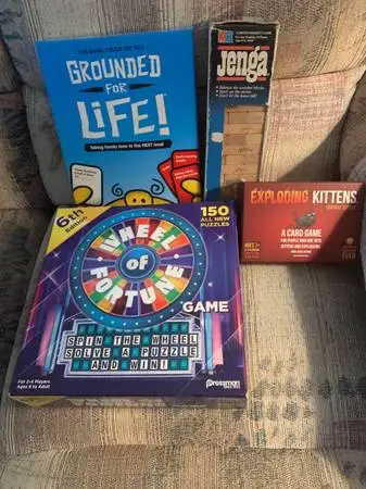 Family Board Game Bundle-Wheel,Jenga,Exploding Kittens,Gr 4 Life