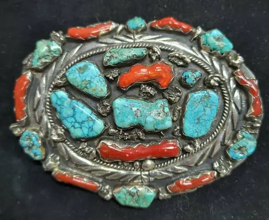 Native American Turquoise & Coral Old Pawn Big BELT BUCKLE