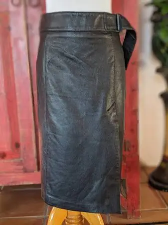 BEBE Black Leather Skirt Silver Buckle sz 4