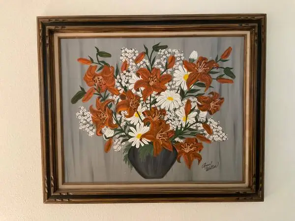 Large Vintage Framed Original Floral Painting - Tiger Lilies & Daisies