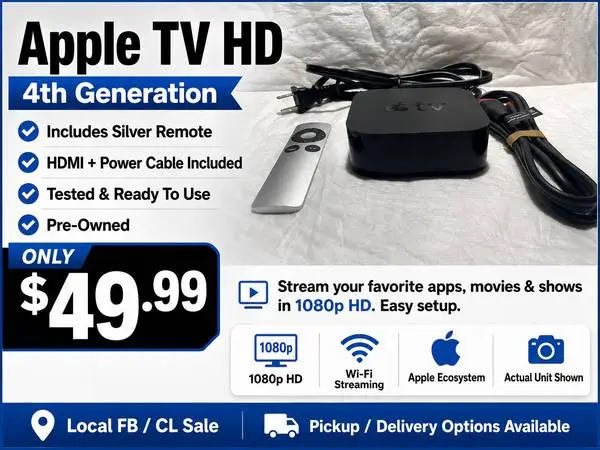📺 Apple TV HD 4th Gen w/ Silver Remote + HDMI & Power Cable