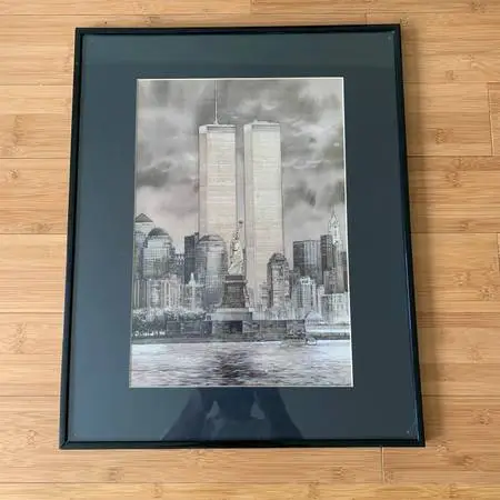 Artist Signed NYC Twin Towers Pre 911 Skyline Framed Art Print