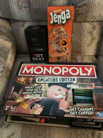 Board Game Night Bundle- Monopoly Cheaters Ed. Jenga, Hot Seat