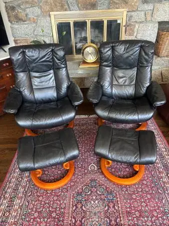 Two Ekornes Stressless Leather Recliner Chairs & Ottomans