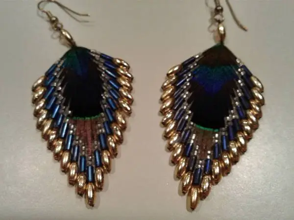 Peacock Feather Gold Beaded Earrings