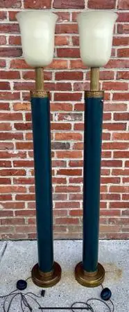 Pair MidCentury Modern Metal Brass Green Pillar Floor Lamps Roman Design 60”H