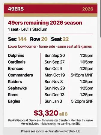 49ers remaining 2026 season — 1 seat, Sec 144 Row 20 — 8 home games —