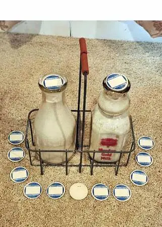Bj - Vintage Milk Bottles, Cardboard Caps, and Tote Carrier