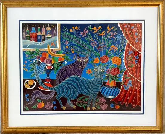 Two Cats By Yuri Gorbachev Signed Ltd Ed Serigraph Framed