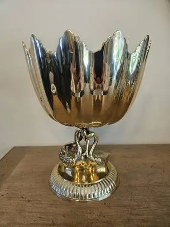 Mid-Century solid brass large bowl pedestal chalice