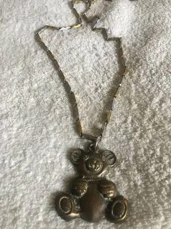 Stainless steel link necklace with brass teddy bear  🧸