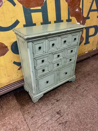 Green Chippy Paint Apothecary Style Dresser Cabinet   Charming sage-green dresse