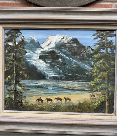 Original By Minno Southwestern Cowboys, Indians Landscape Oil Painting
