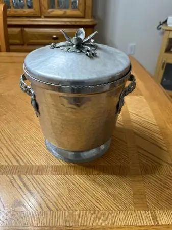 VINTAGE HAMMERED ICE BUCKET WITH TONGS